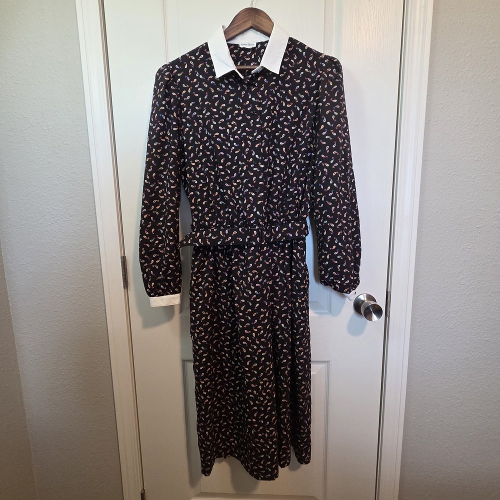 Vintage Neiman Marcus Womens Black Belted Dress With Paisley Print **READ**